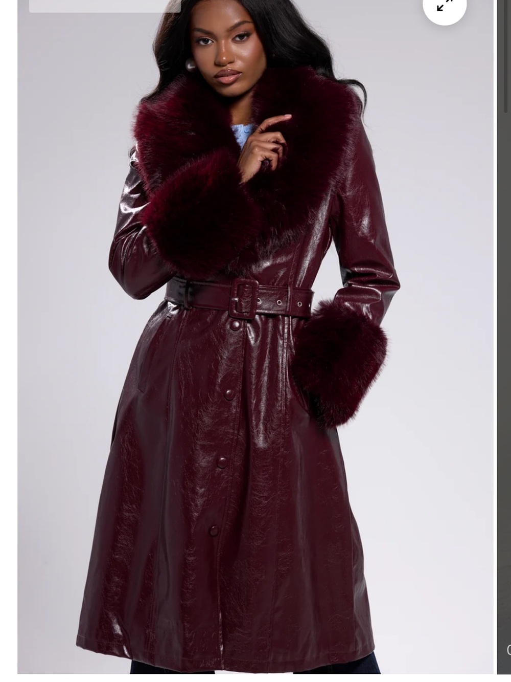 AKIRA Burgundy Faux Leather Trench Coat with Faux Fur Trim
